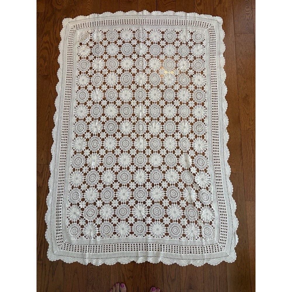 Hand Crochet Ivory Cotton Tablecloth-Rectangle 42" By 62"